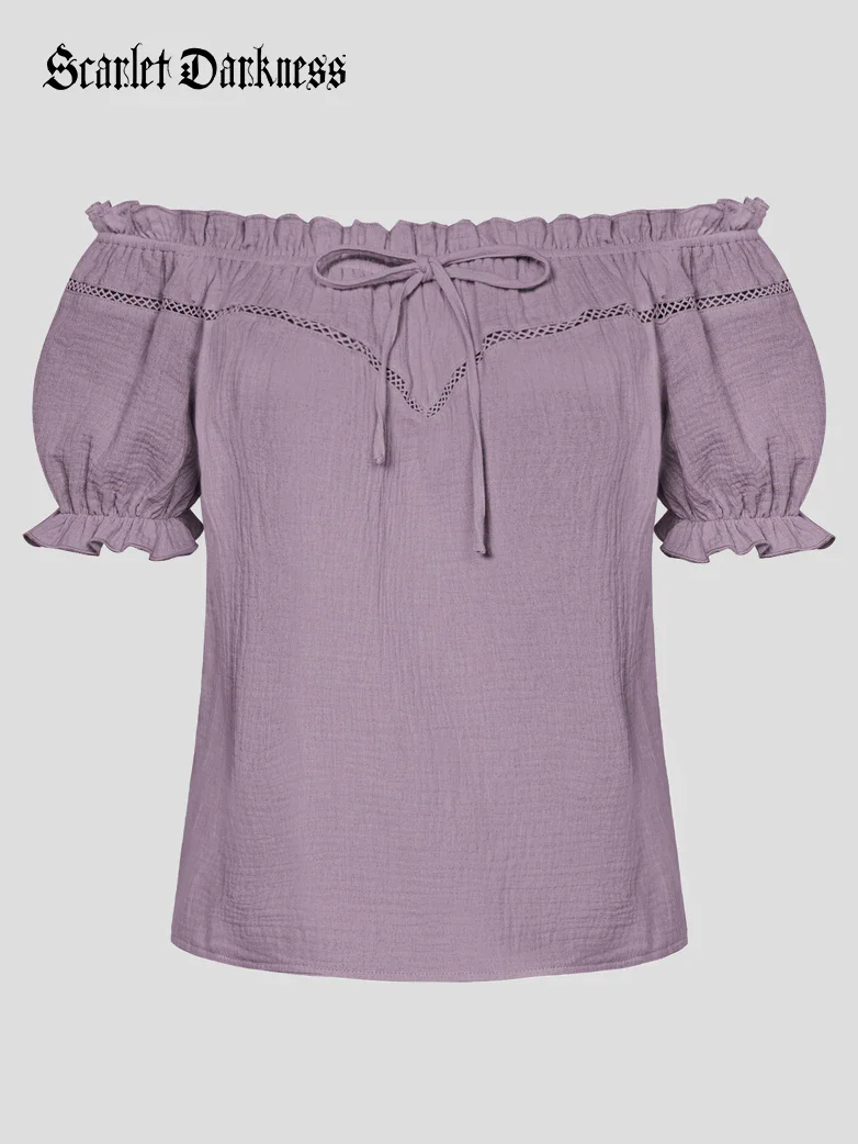 Renaissance Peasant Cotton Off Shoulder Lace-up Tops - Image 52