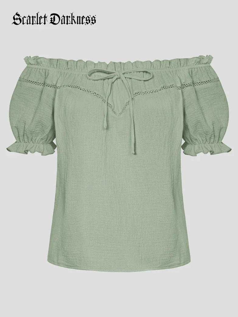 Renaissance Peasant Cotton Off Shoulder Lace-up Tops - Image 54