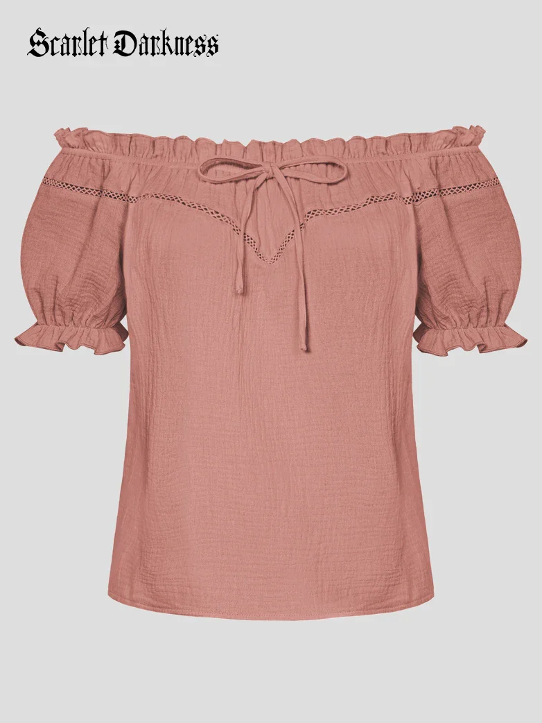 Renaissance Peasant Cotton Off Shoulder Lace-up Tops - Image 56