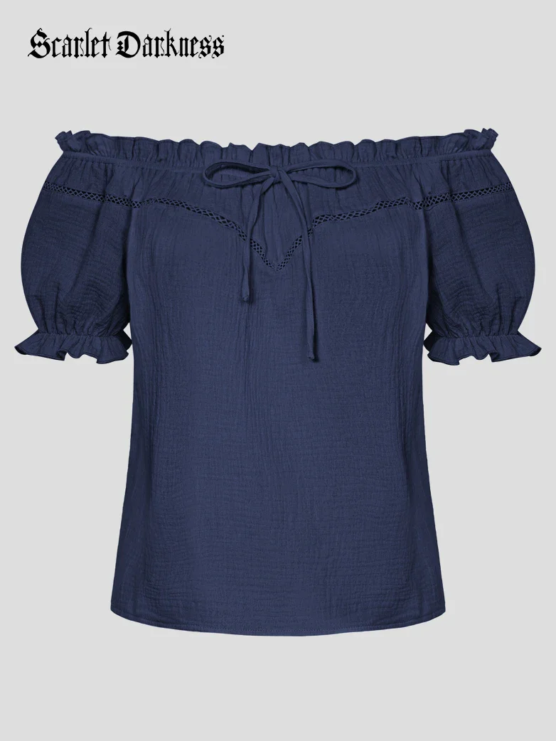 Renaissance Peasant Cotton Off Shoulder Lace-up Tops - Image 58