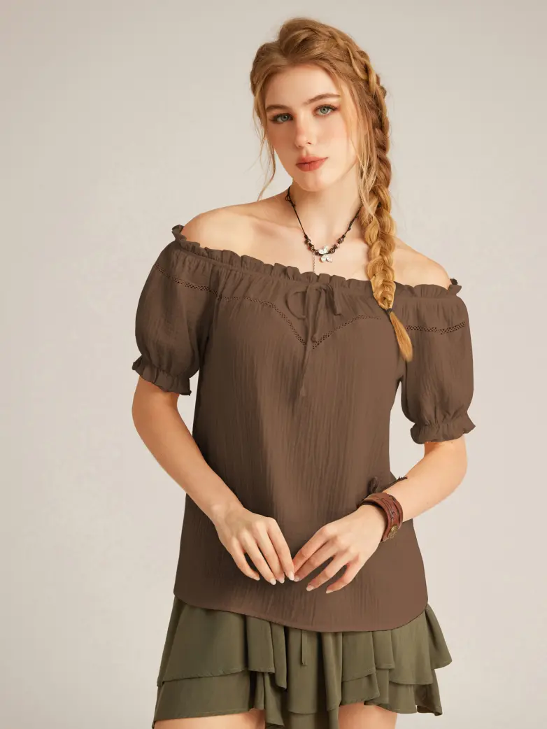 Renaissance Peasant Cotton Off Shoulder Lace-up Tops - Image 61