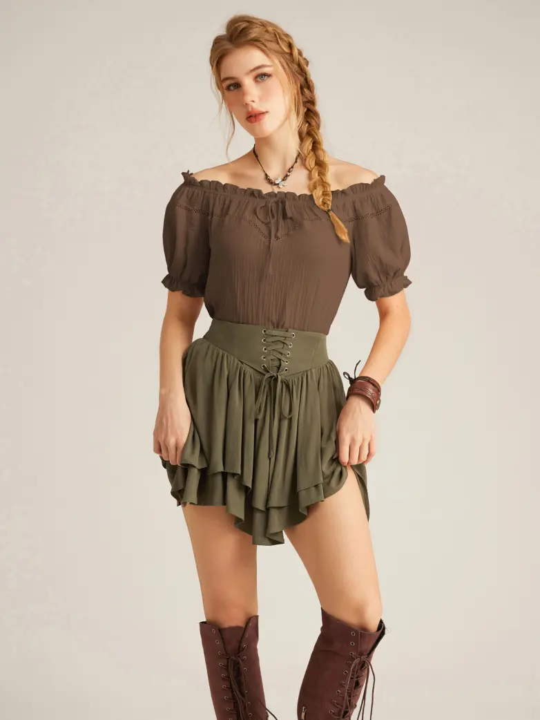 Renaissance Peasant Cotton Off Shoulder Lace-up Tops - Image 62