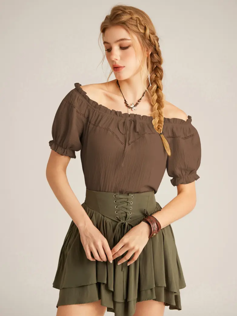 Renaissance Peasant Cotton Off Shoulder Lace-up Tops - Image 63