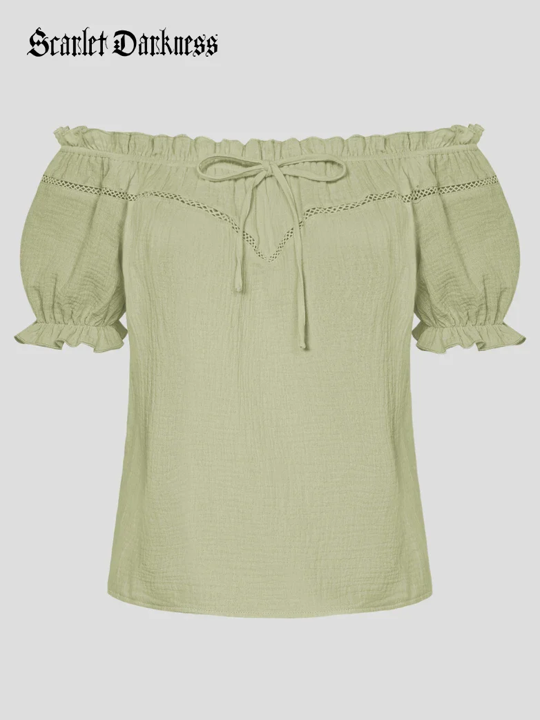 Renaissance Peasant Cotton Off Shoulder Lace-up Tops - Image 66