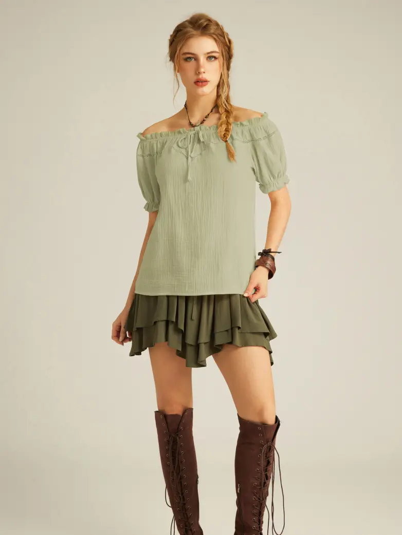 Renaissance Peasant Cotton Off Shoulder Lace-up Tops - Image 67