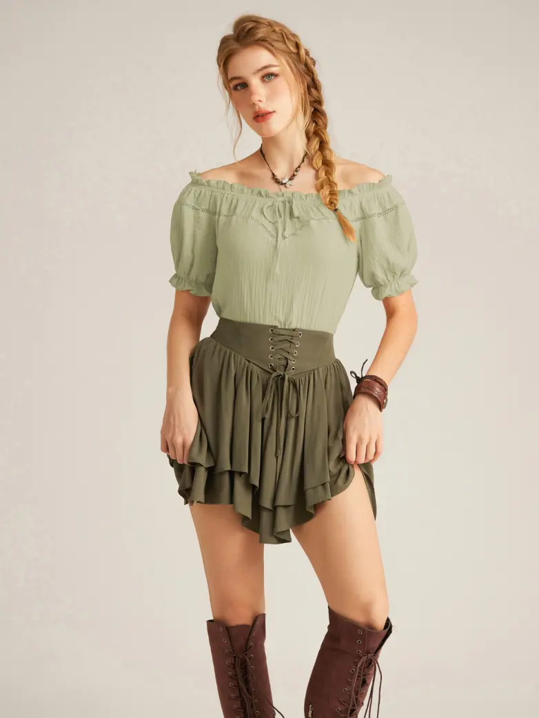 Renaissance Peasant Cotton Off Shoulder Lace-up Tops - Image 69