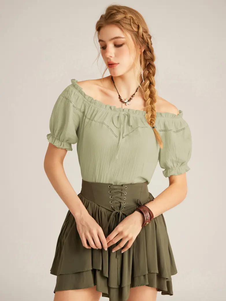 Renaissance Peasant Cotton Off Shoulder Lace-up Tops - Image 70