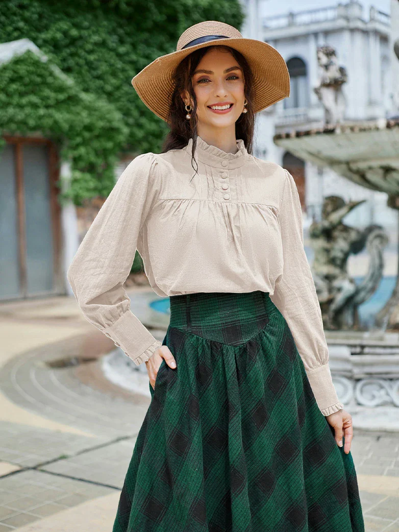 Classic Victorian Cotton Stand Collar Renaissance Tops - Image 23