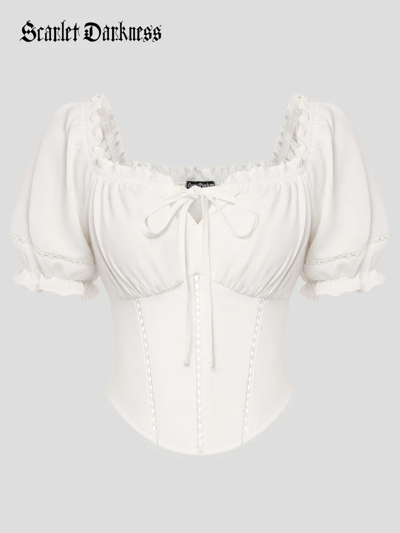 Renaissance Off Shoulder Curved Hem Cropped Tops - Image 12