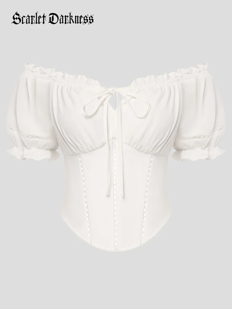 Renaissance Off Shoulder Curved Hem Cropped Tops - Image 13