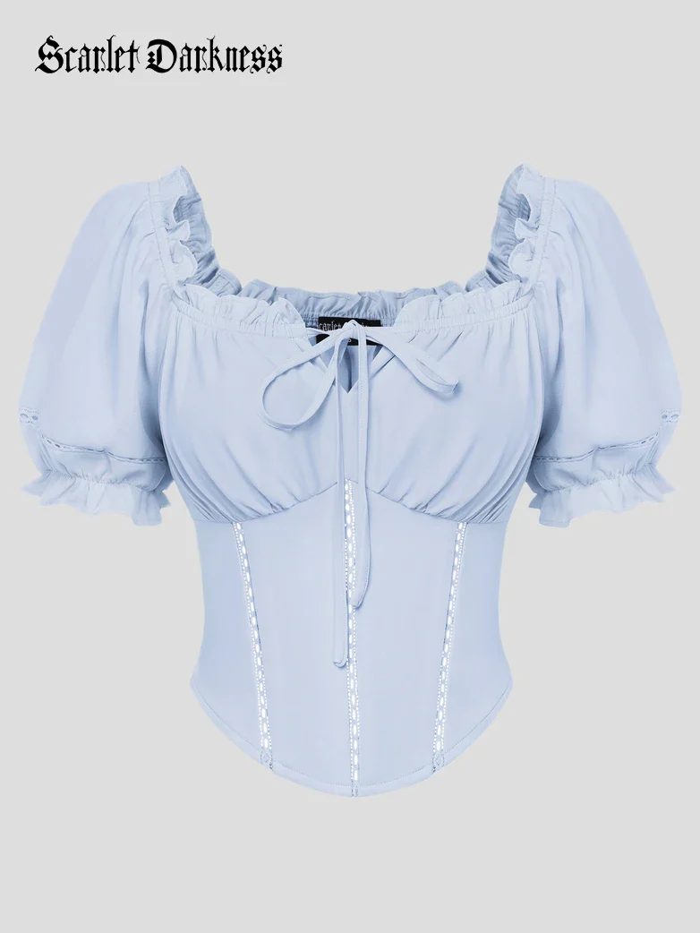 Renaissance Off Shoulder Curved Hem Cropped Tops - Image 17