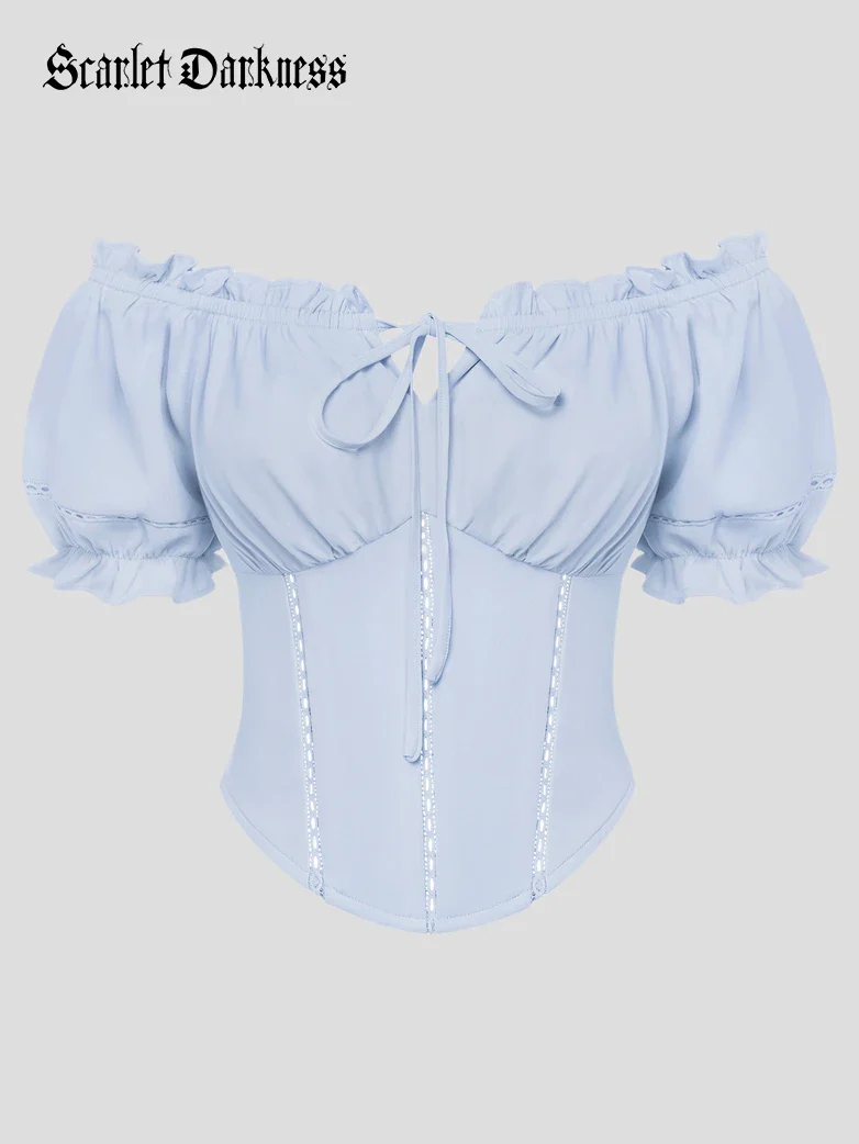 Renaissance Off Shoulder Curved Hem Cropped Tops - Image 18