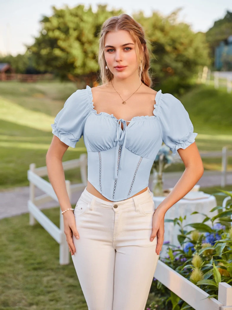Renaissance Off Shoulder Curved Hem Cropped Tops - Image 19