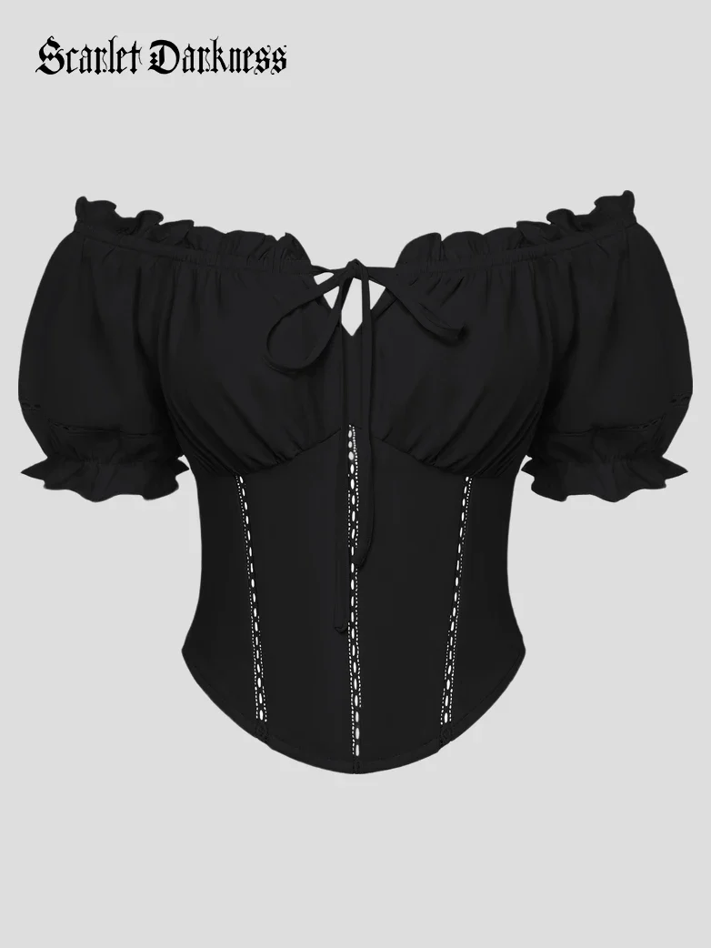 Renaissance Off Shoulder Curved Hem Cropped Tops - Image 2