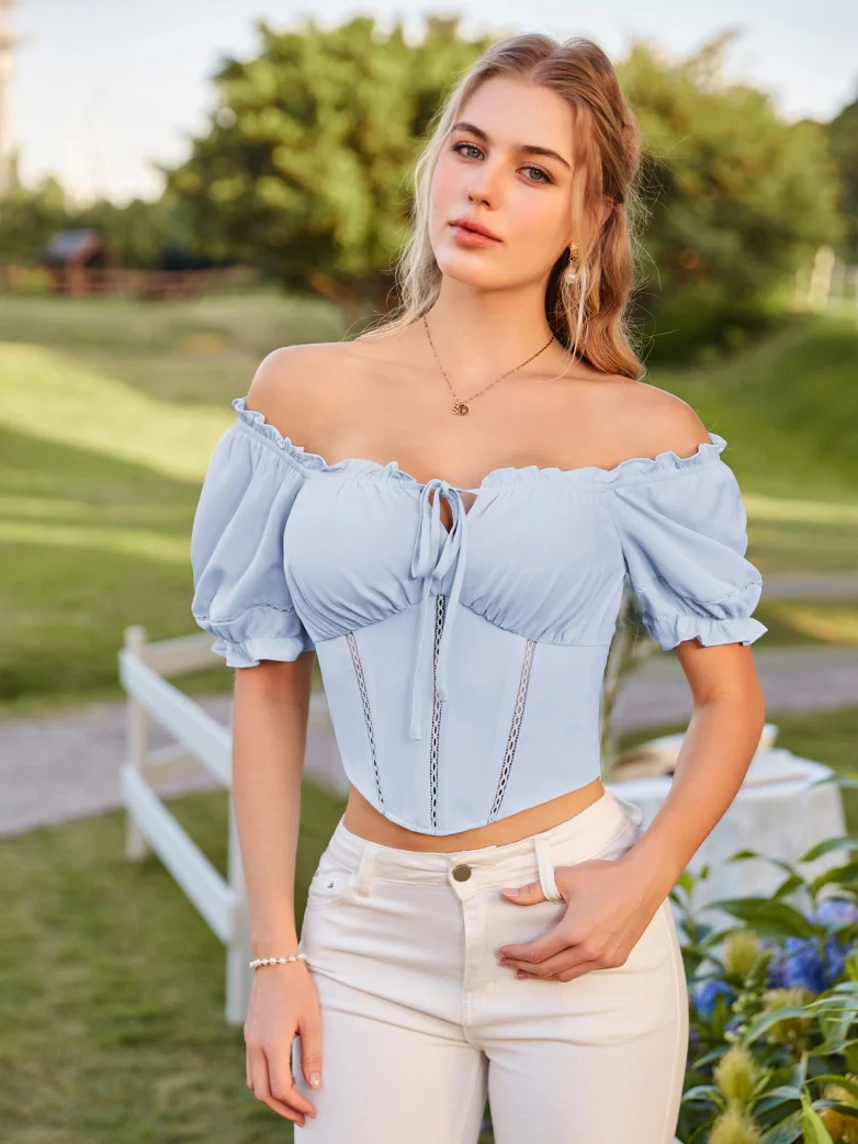 Renaissance Off Shoulder Curved Hem Cropped Tops - Image 20