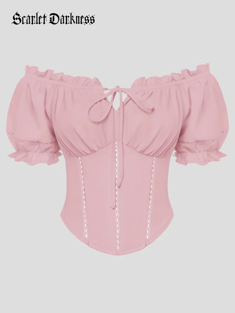 Renaissance Off Shoulder Curved Hem Cropped Tops - Image 24