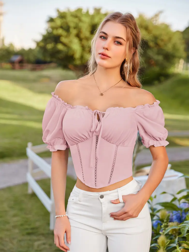 Renaissance Off Shoulder Curved Hem Cropped Tops - Image 25
