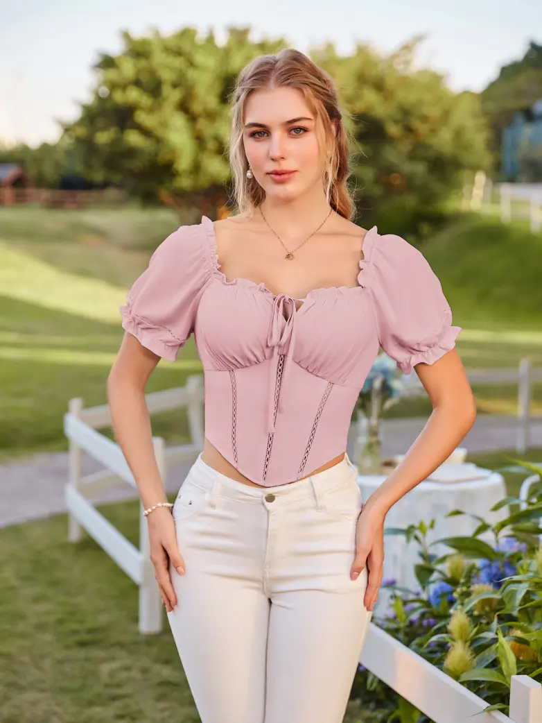 Renaissance Off Shoulder Curved Hem Cropped Tops - Image 27