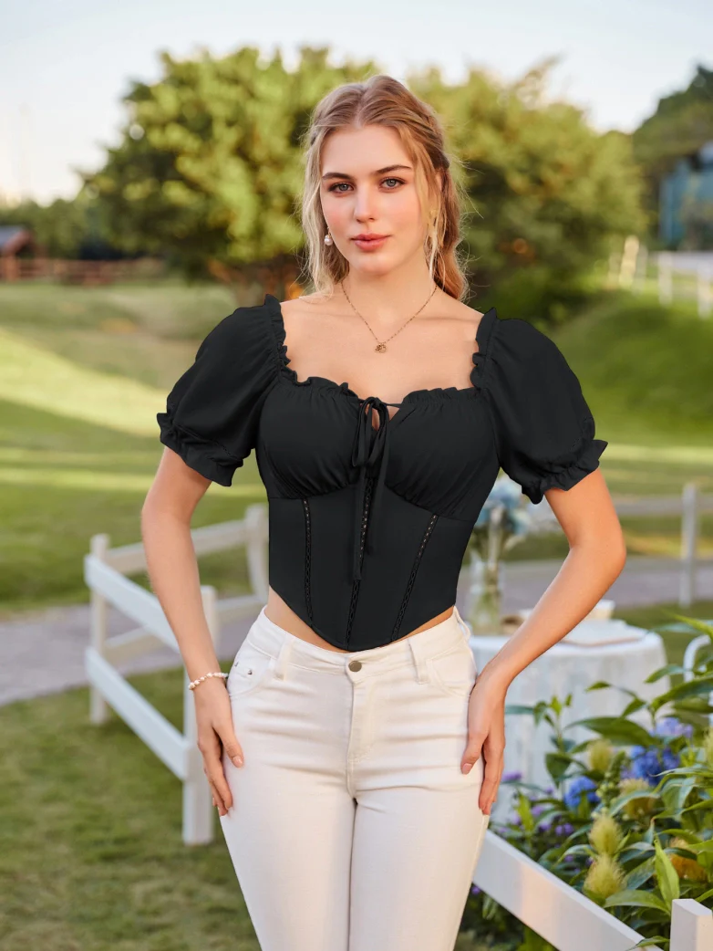 Renaissance Off Shoulder Curved Hem Cropped Tops - Image 3