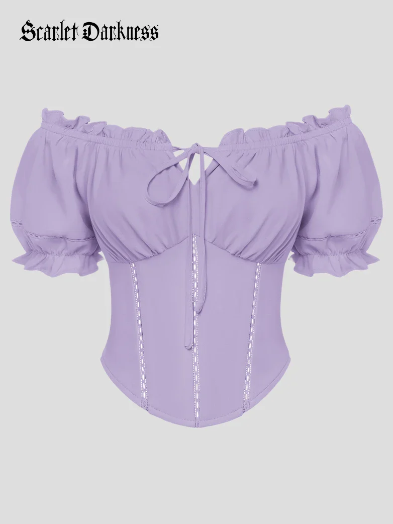 Renaissance Off Shoulder Curved Hem Cropped Tops - Image 30