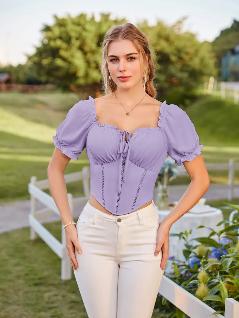Renaissance Off Shoulder Curved Hem Cropped Tops - Image 31
