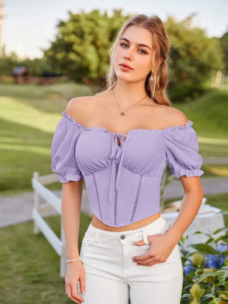 Renaissance Off Shoulder Curved Hem Cropped Tops - Image 32