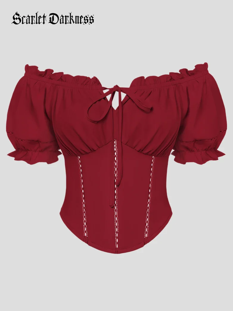 Renaissance Off Shoulder Curved Hem Cropped Tops - Image 35