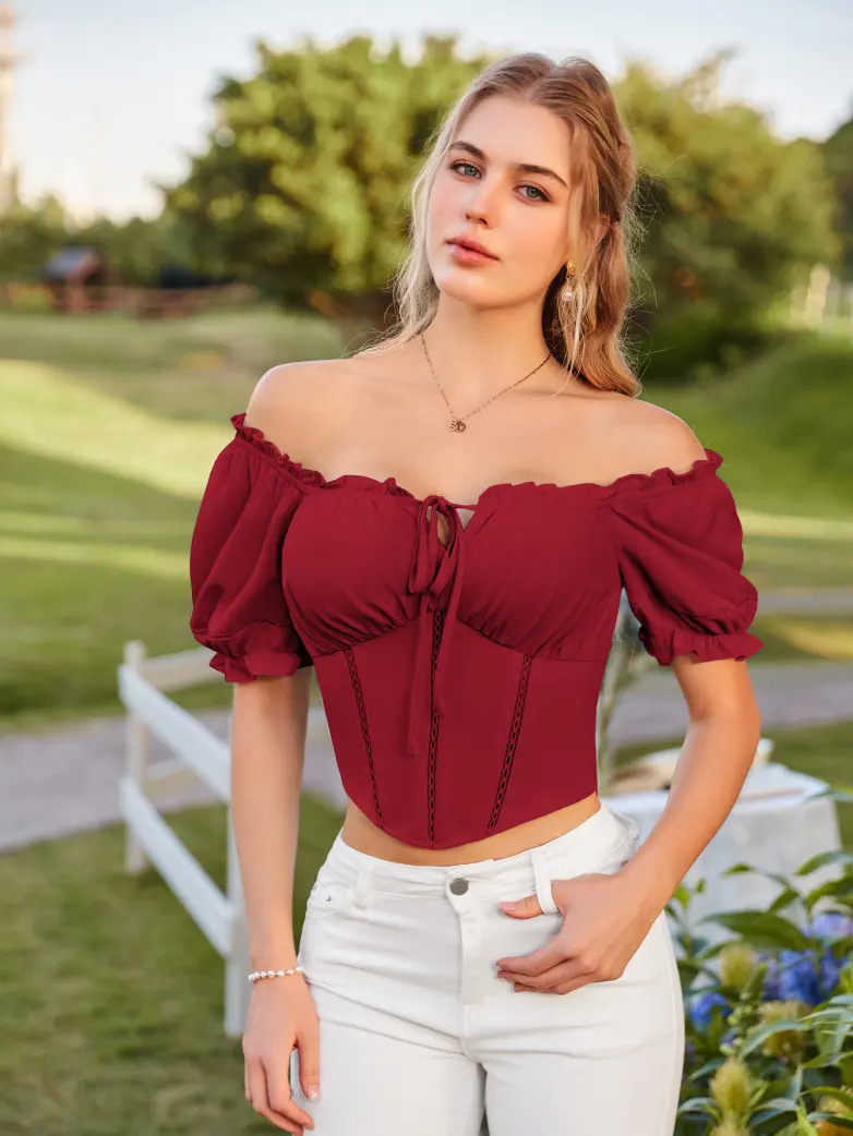 Renaissance Off Shoulder Curved Hem Cropped Tops - Image 37