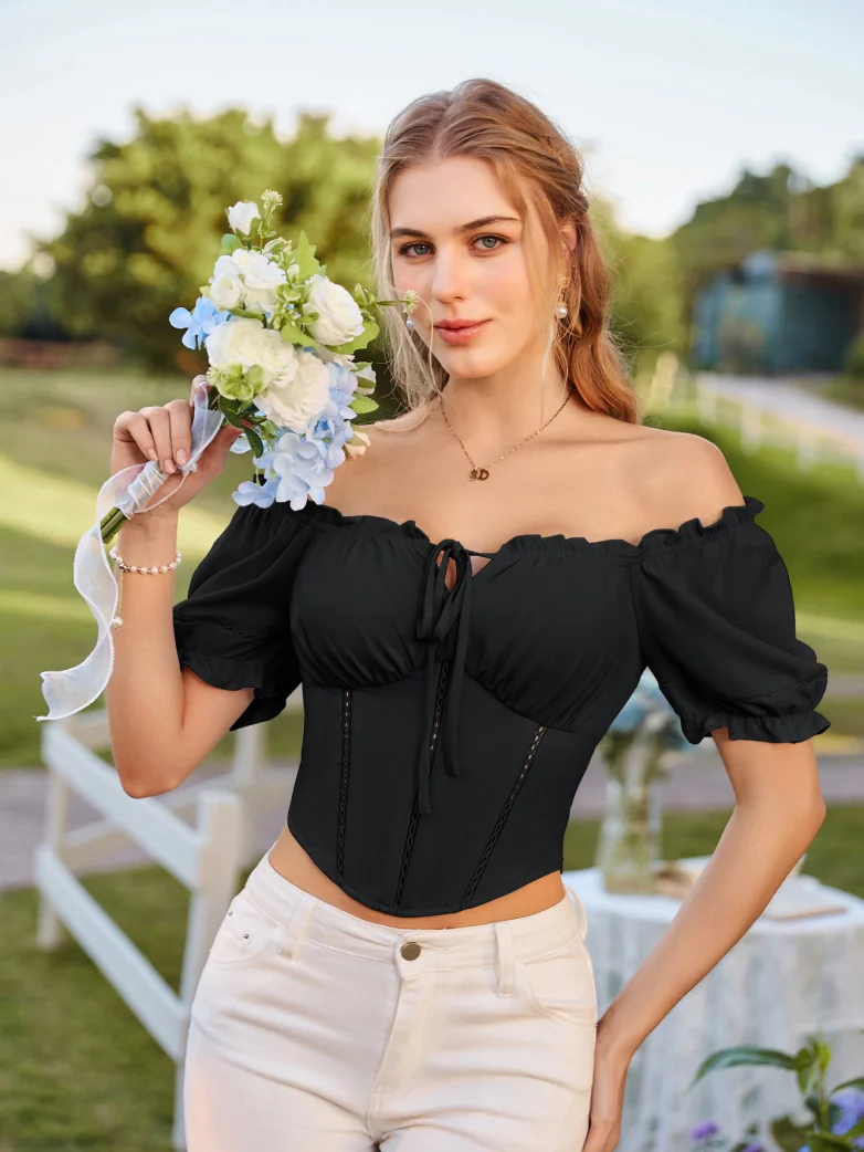 Renaissance Off Shoulder Curved Hem Cropped Tops - Image 4