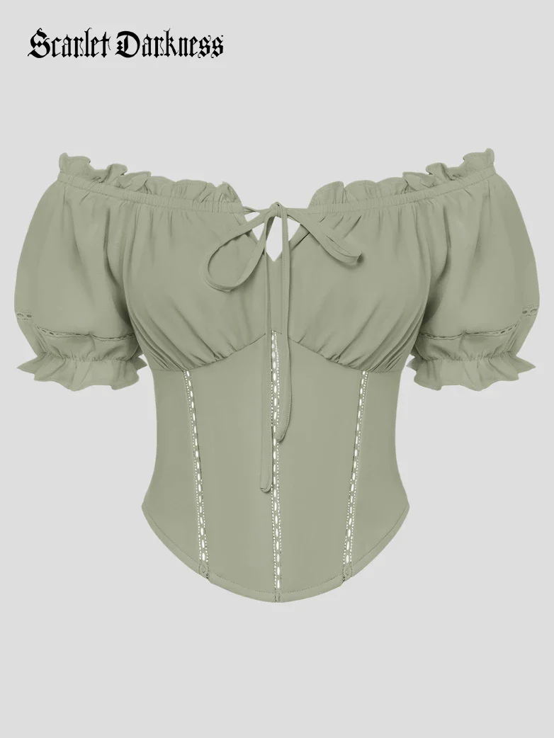 Renaissance Off Shoulder Curved Hem Cropped Tops - Image 41