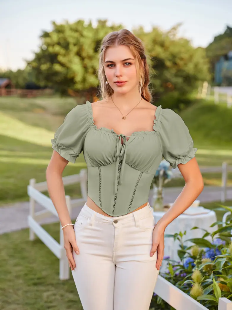 Renaissance Off Shoulder Curved Hem Cropped Tops - Image 43