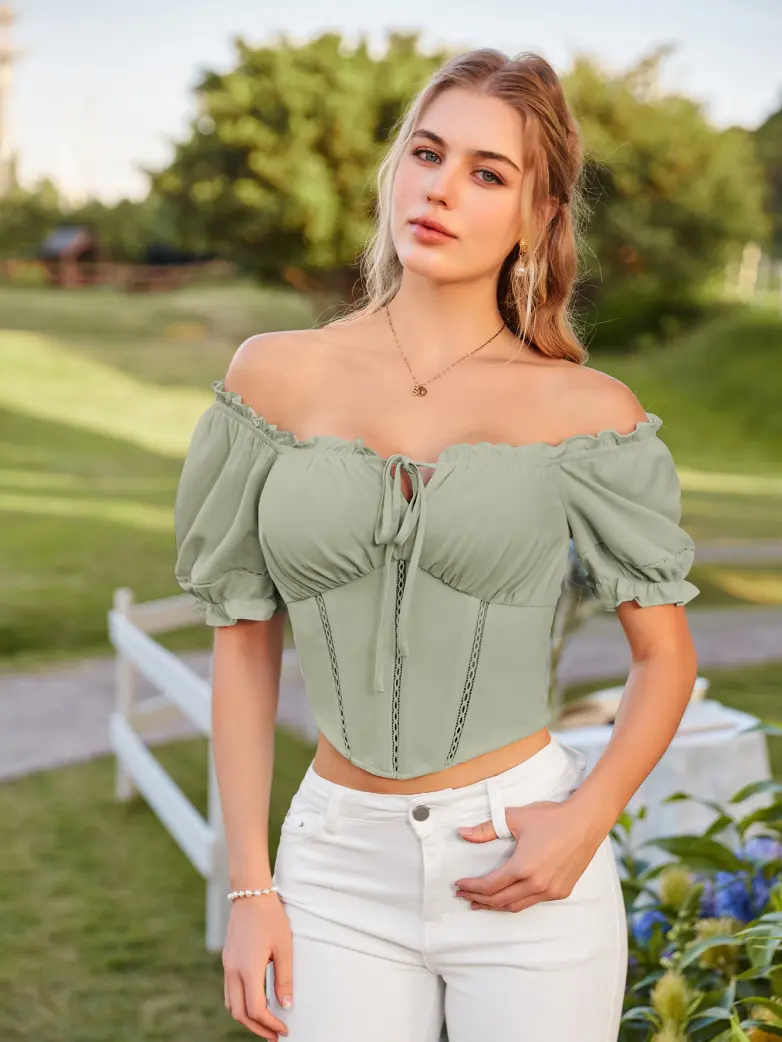 Renaissance Off Shoulder Curved Hem Cropped Tops - Image 44