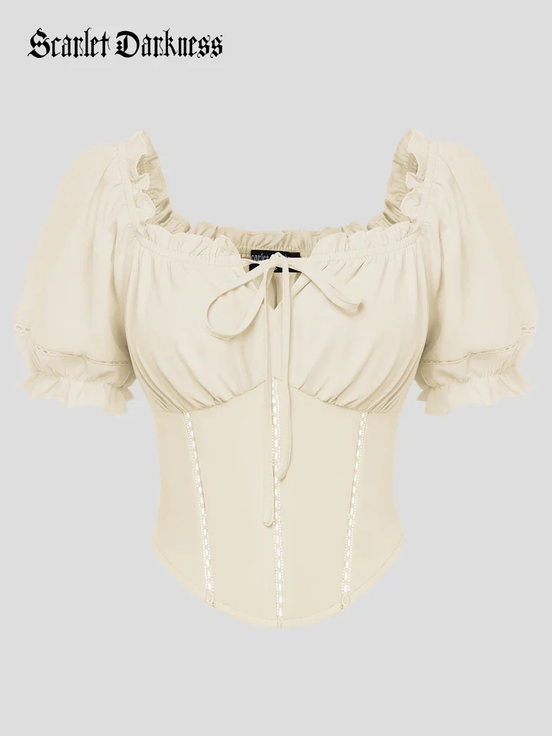 Renaissance Off Shoulder Curved Hem Cropped Tops - Image 6