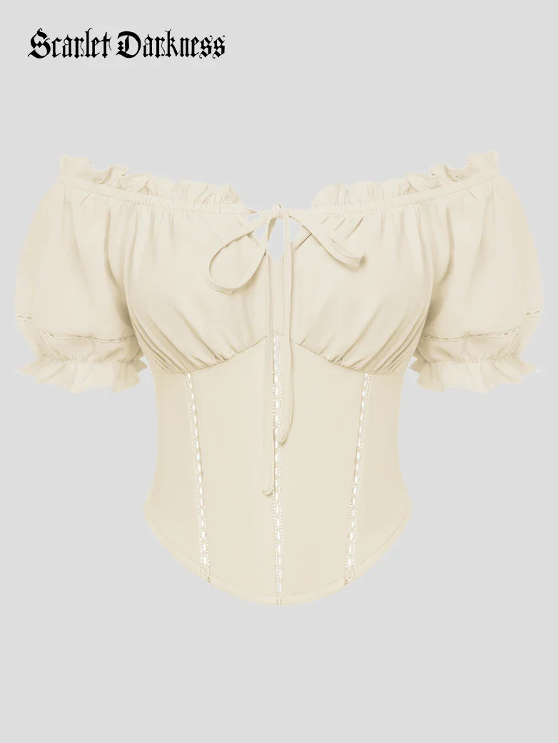 Renaissance Off Shoulder Curved Hem Cropped Tops - Image 7