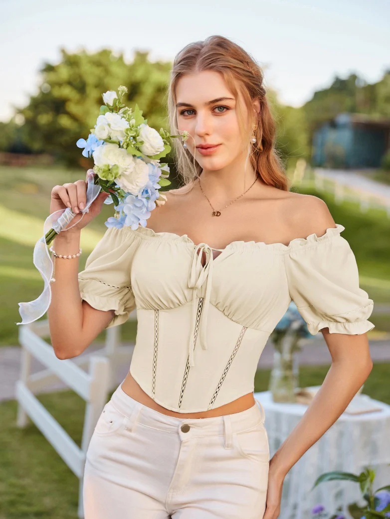 Renaissance Off Shoulder Curved Hem Cropped Tops - Image 8