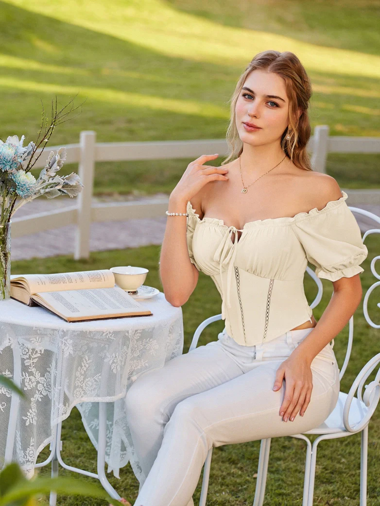 Renaissance Off Shoulder Curved Hem Cropped Tops - Image 9