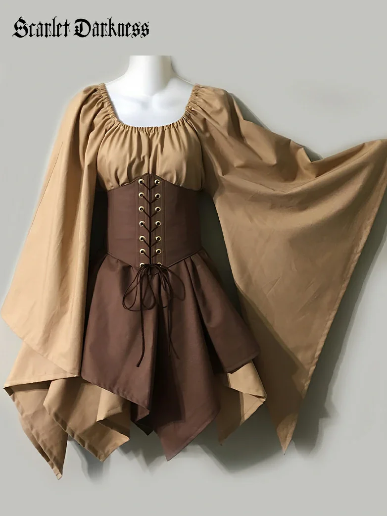 Renaissance Bell Sleeve Belt Spliced Midi Dress - Image 3