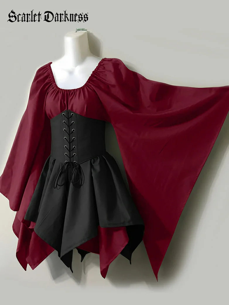 Renaissance Bell Sleeve Belt Spliced Midi Dress - Image 4