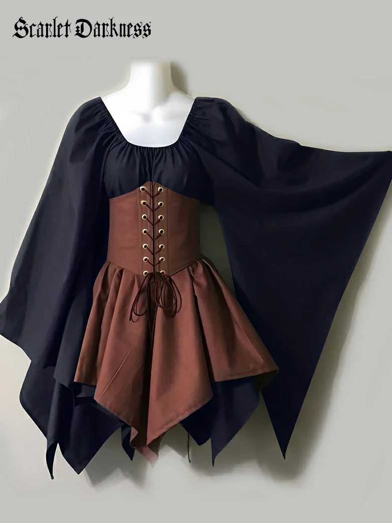Renaissance Bell Sleeve Belt Spliced Midi Dress - Image 5
