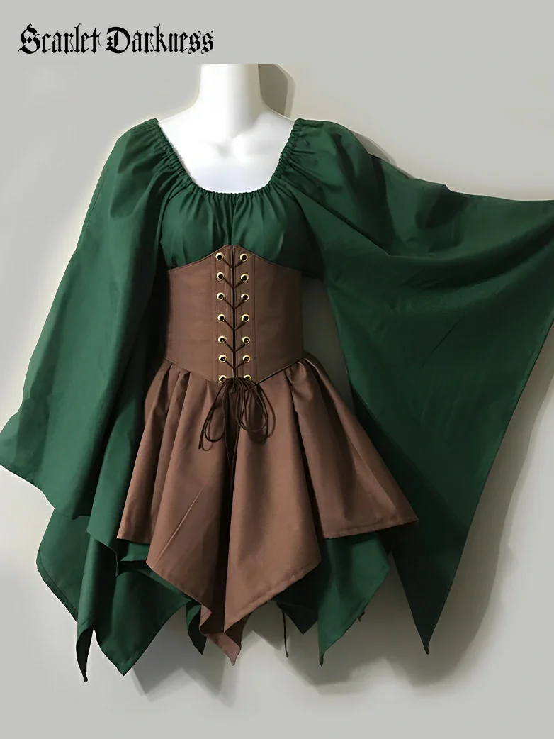 Renaissance Bell Sleeve Belt Spliced Midi Dress - Image 6