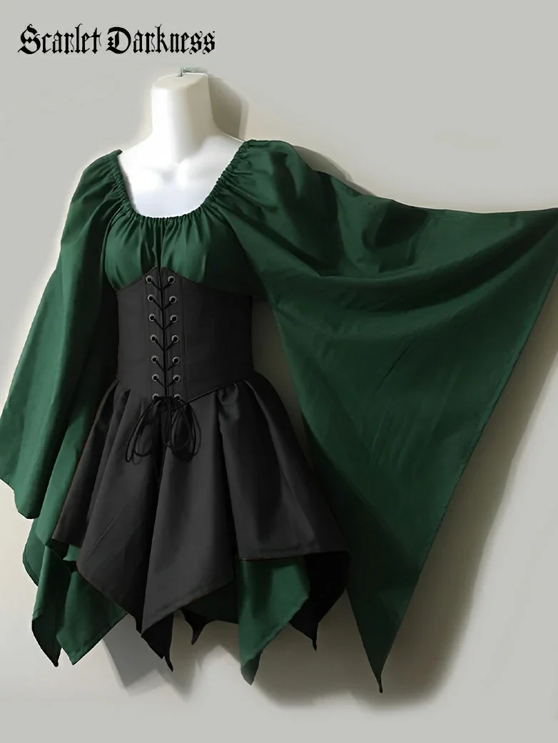 Renaissance Bell Sleeve Belt Spliced Midi Dress - Image 7