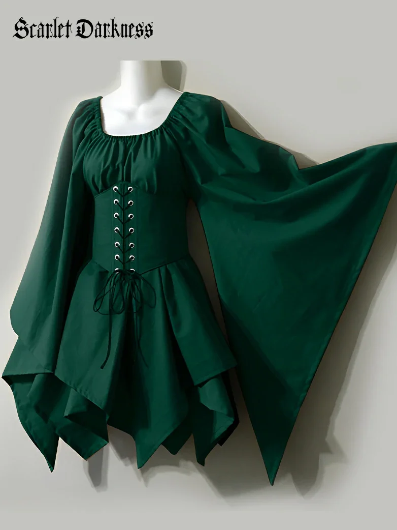 Renaissance Bell Sleeve Belt Spliced Midi Dress - Image 8