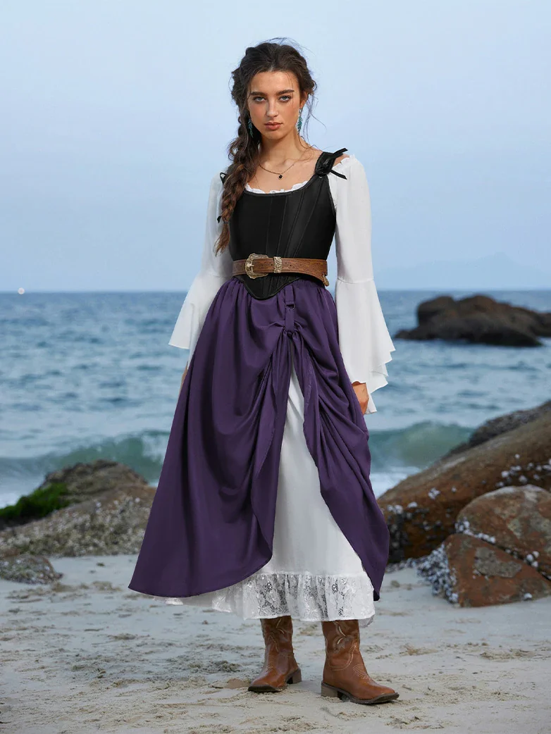 Renaissance Elastic Waist Double-Layer Lace Hem Long Skirts - Image 33