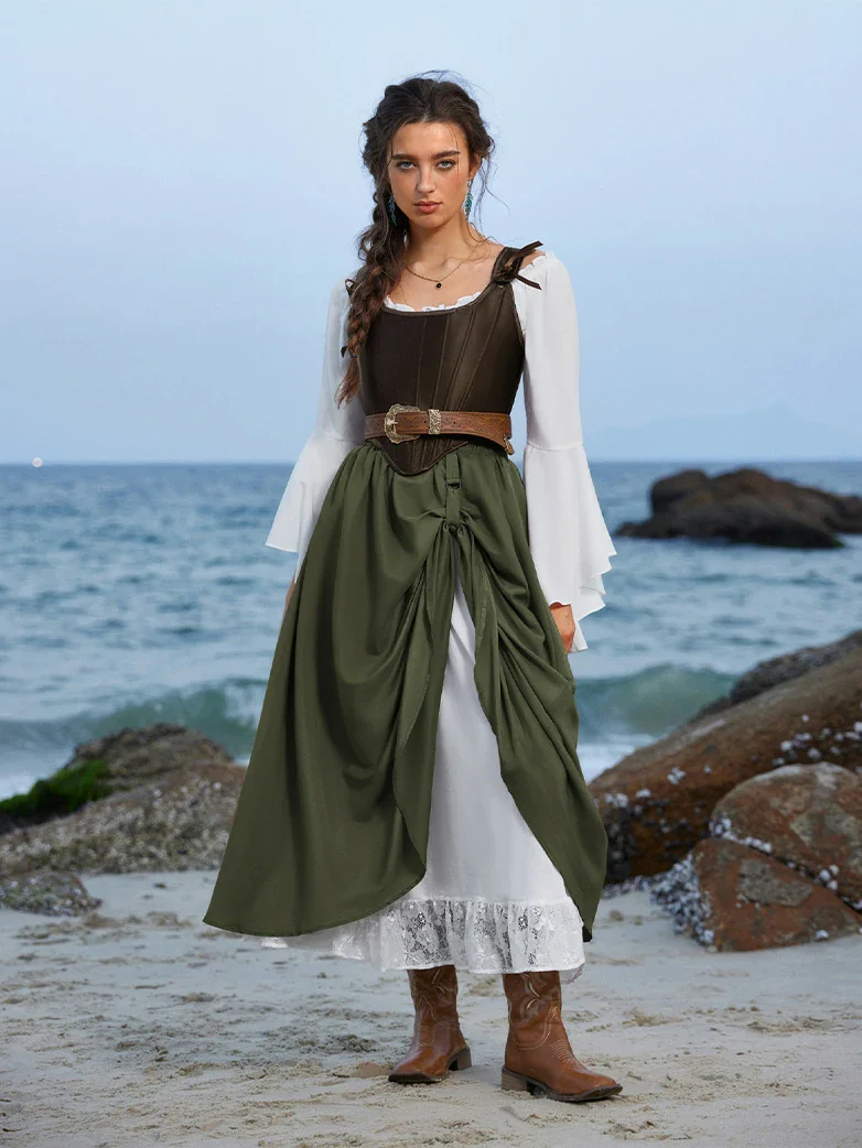 Renaissance Elastic Waist Double-Layer Lace Hem Long Skirts - Image 56