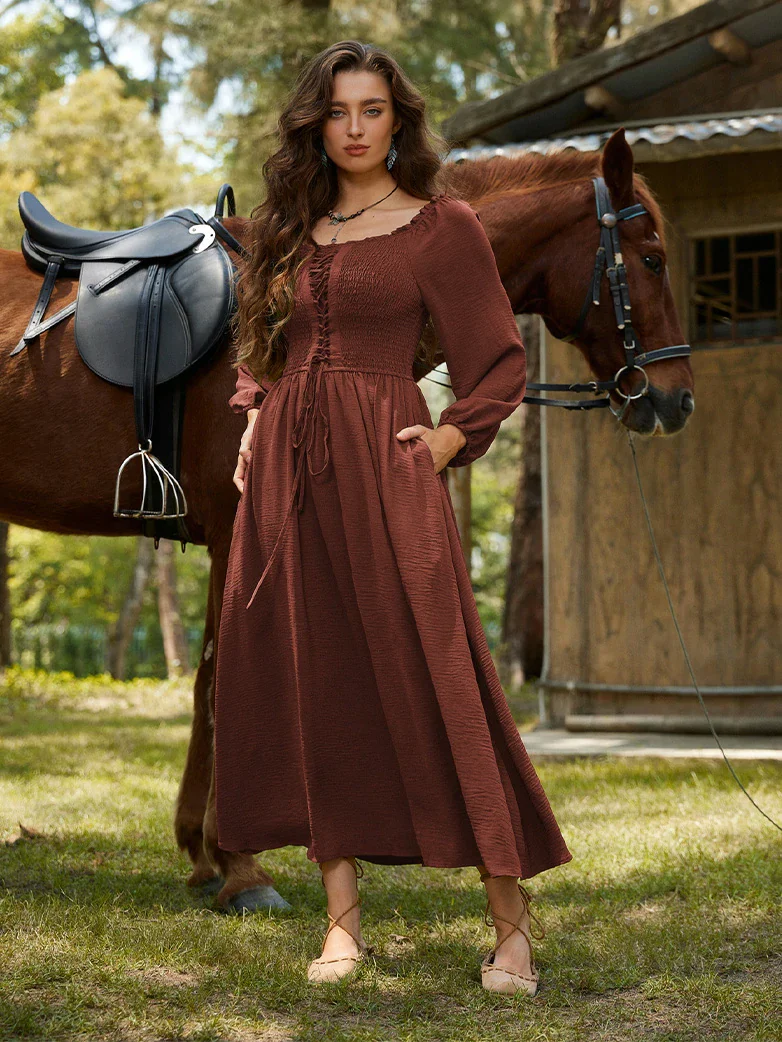 Renaissance Elastic Waist Cross Straps Pockets Dress - Image 15