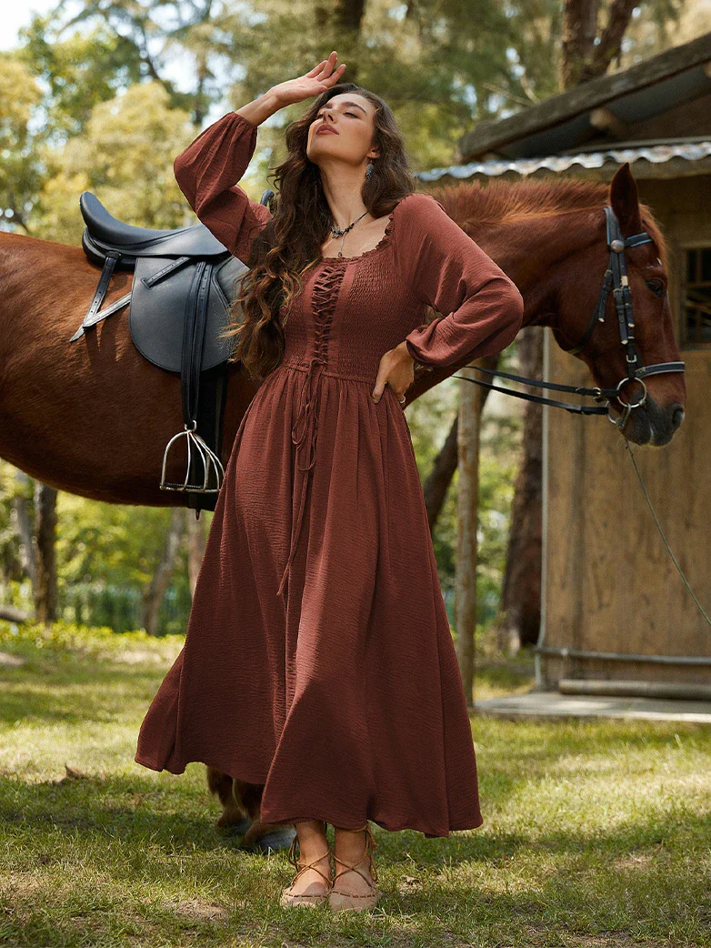 Renaissance Elastic Waist Cross Straps Pockets Dress - Image 17