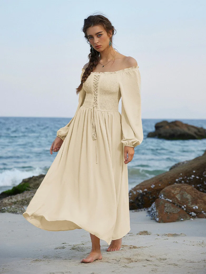 Renaissance Elastic Waist Cross Straps Pockets Dress - Image 2