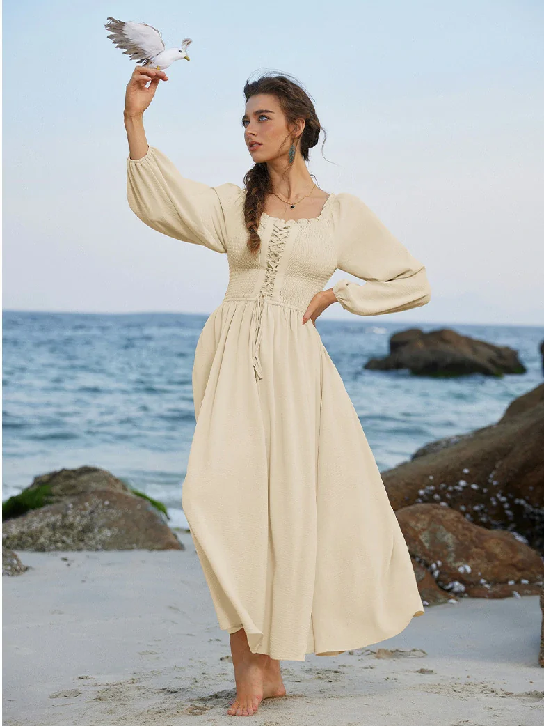 Renaissance Elastic Waist Cross Straps Pockets Dress - Image 3