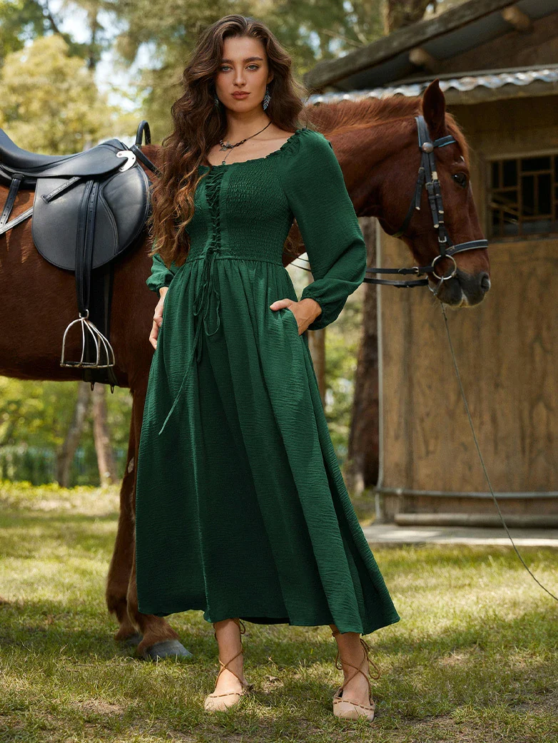 Renaissance Elastic Waist Cross Straps Pockets Dress - Image 44
