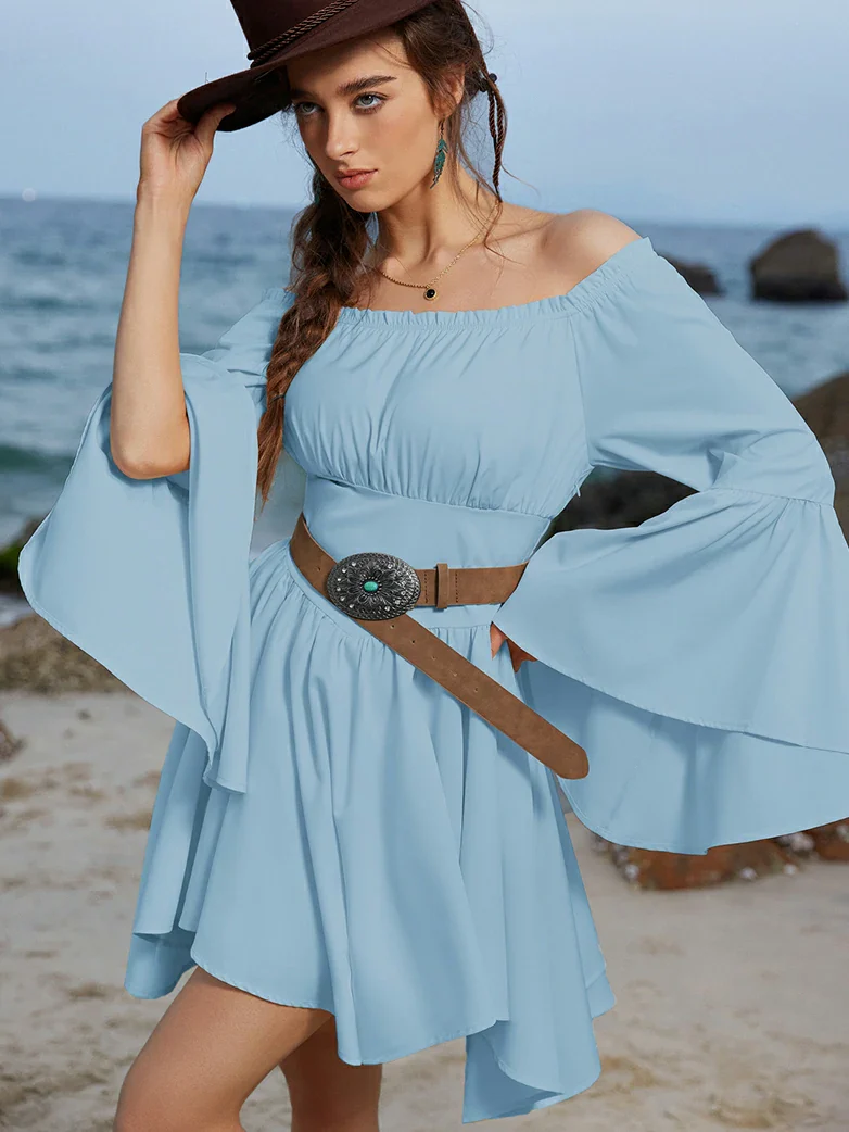 Renaissance Irregular Hem Off Shoulder Pockets Dress - Image 4
